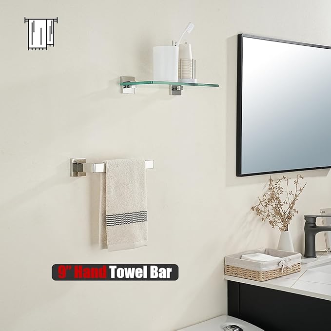 JQK Hand Towel Holder Towel Ring Gold, Thicken 0.8mm 304 Stainless Steel Bathroom Hand Towel Bar, 9 Inch Wall Mount Towel Rack Hanger, Polished Chrome, THH250L9-CH
