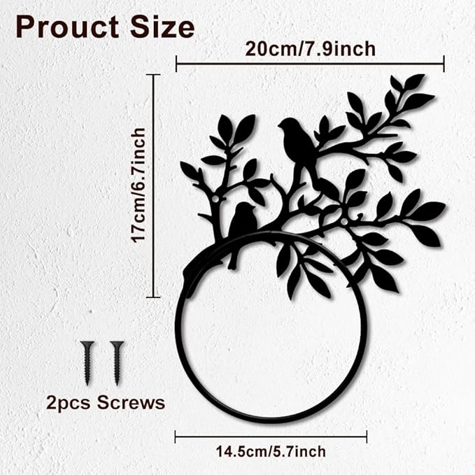 MAYJOYDIY Branch Bird Metal Towel Ring Tree Animal Towel Holder for Wall Leafy Plants Towel Ring Black Plant Towel Rack Wall Mounted for Bathroom Kitchen Towel Hanger Home Decors Gift