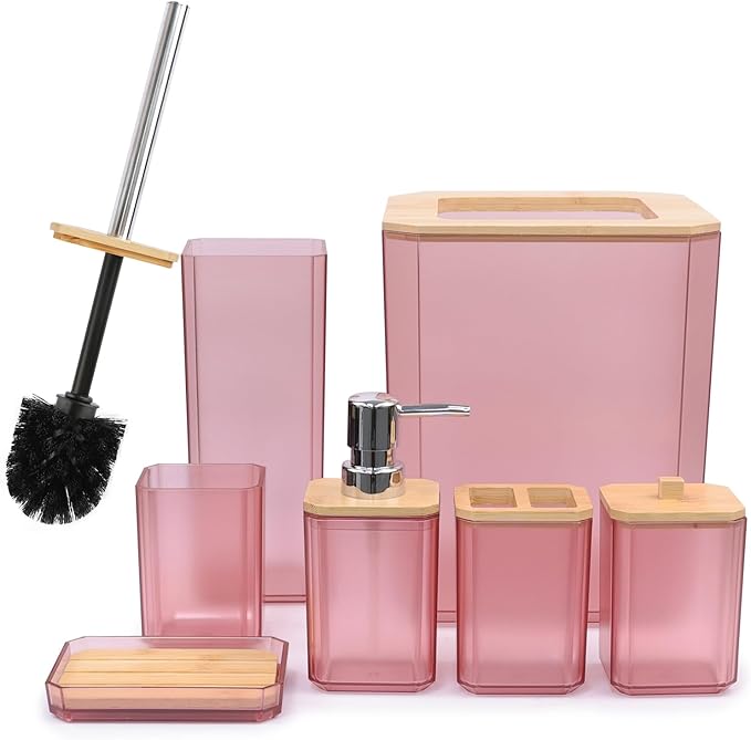 CERBIOR Bathroom Accessories Set 7 Piece Bath Ensemble Includes Soap Dispenser, Toothbrush Holder, Toothbrush Cup, Soap Dish for Decorative Countertop and Housewarming Gift (Pink)