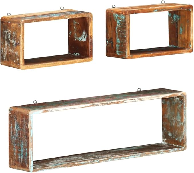 Set of 3 Wall Cube Shelves, Rustic Reclaimed Wood Floating Shelves for Wall Decor, Decorative Storage Display Boxes for Living Room, Bedroom, and Office, Brown