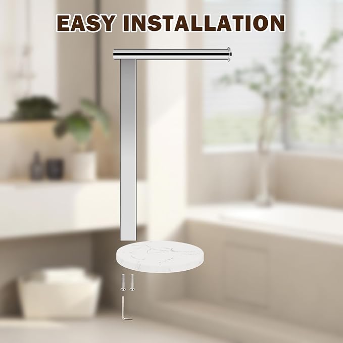 Hand Towel Holder Stand for Bathroom, L- Shaped Standing Hand Towel Rack, Towel Bar Kitchen Vanity Countertop Organizer, SUS304 Stainless Steel Material (Marble Base, Chrome)