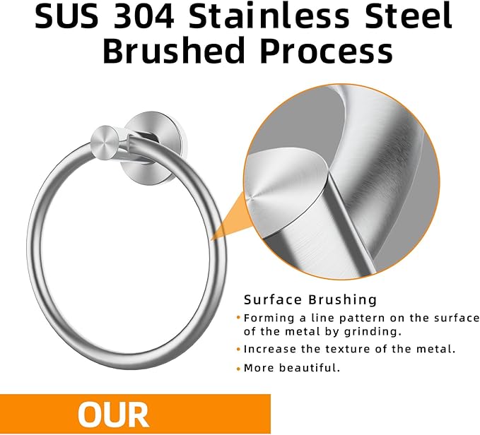 Brushed Silver Towel Ring 2Pack, SUS304 Stainless Steel Hand Towel Holder for Bathroom Kitchen, Modern Style Towel Hanger, Thicken Ring Towel Holder, Towel Rack Round Wall Mounted (2, Brushed Silver)