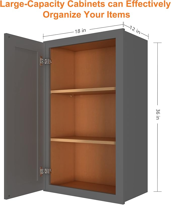 ROOMTEC Wood Wall Cabinet,RTA Single Door Medicine Cabinet with Adjustable Shelves and Soft-Close Door for Kitchen, Bathroom, and Laundry. 12" D*18" W*36" H, Shaker Grey