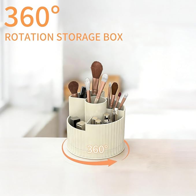 360?? Rotating Makeup Brush Holder Organizer, 5 Slot Make up Brushes Cup for Cosmetics, Nail Polish, Art Supply, Skincare, Perfume, Bathroom Vanity Desktop Organizer - Creamy white