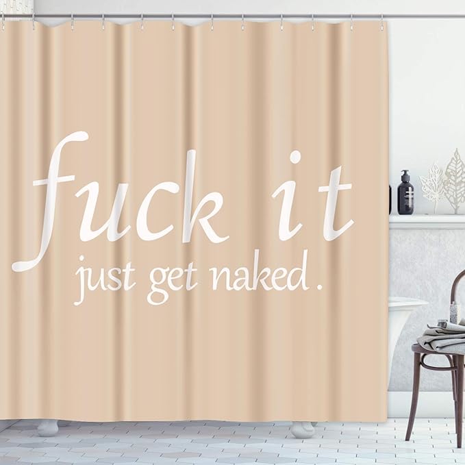 ArtSocket 4PC Funny Get Naked Beige Modern Shower Curtain Sets Bathroom Decor with Rugs, Non-Slip Rug,Toilet Lid Cover, Bath Mat and 12 Hooks 72x72 inches