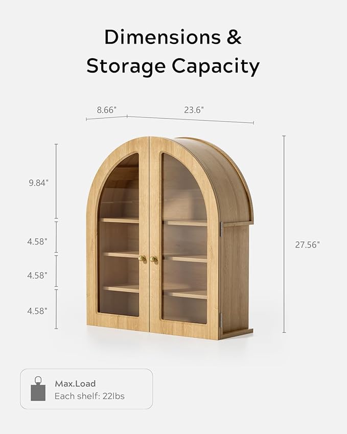 EYYTHUNG Modern Arched Wall Cabinet, Large Bathroom Medicine Wall Mounted Cupboard, Farmhouse Floating Storage Cabinet with Acrylic Door Adjustable Shelf, Wood Organizer (Natural Oak)