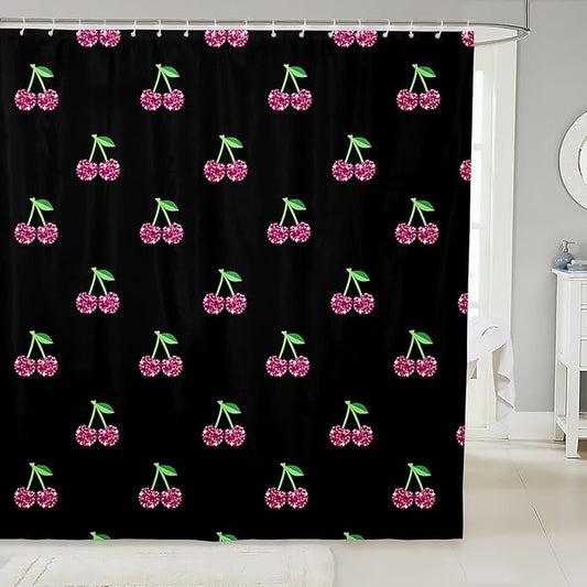 Feelyou Girls Cherry Bath Curtain Pink Glitter Fruit Shower Curtain Baby Girl Black Pink Kawaii Decor Bathroom Curtain Set Polyester Toddler Lovely Sweet Waterproof Shower Curtains 72"x78"