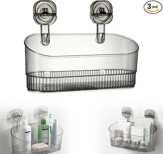 No-Drill Bathroom Suction Storage Box, 2026 New Corrugated Suction Cup Storage Holder,Powerful Suction Storage Box,Removable Hanging Storage Basket,Ripple Acrylic Wall Shelf (Gray)