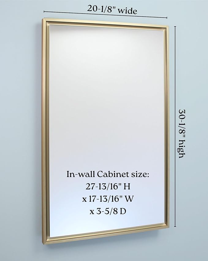 Fox Hollow Furnishings 20x30 Parker Metro Metal Framed Rectangle Recessed Bathroom Medicine Cabinet, Floating Mirror, 18x28 in-Wall Opening, Steel, Adjustable Glass Shelves, Magnet Close, Gold