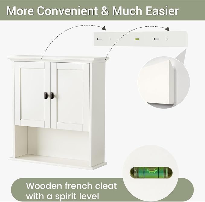 Bathroom Wall Cabinet, Wooden Medicine Cabinet Over Toilet Storage Cabinet with Doors and Adjustable Shelf Wall Mounted Storage Organizer Cabinet Above Toilet (Cream White)