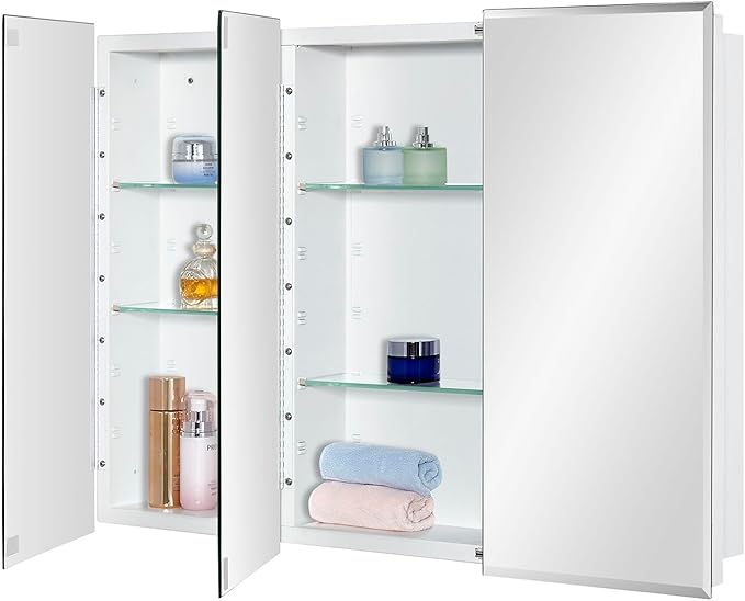 IDYLLOR Bathroom Medicine Cabinet with Beveled Edge Mirrored Door 36 x 26 inch, Recessed or Surface Mount, with Adjustable Glass Shelves