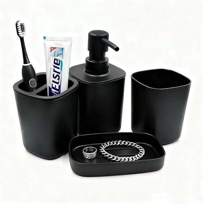 Matte Black Bathroom Accessories Set, 4-Piece Plastic Bathroom Decor Set with Soap Dispenser, Toothbrush Holder, Rinse Cup & Soap Dish, Countertop Bathroom Organizer