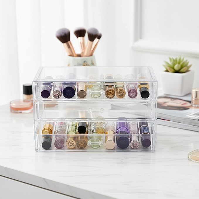 Acrylic Rollerball Perfume Organizer, 3-Layer Drawer Storage 40 Pcs perfume, Transparent Stackable Mini Perfume Holder for Travel/Sample Scentbird