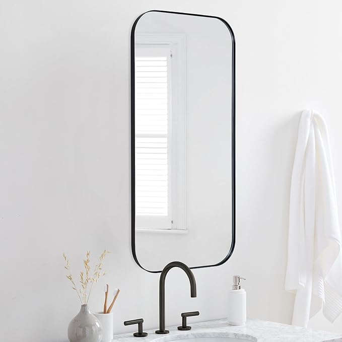 TEHOME Black Rectangle Long Bathroom Medicine Cabinet with Mirror Matt Black Recessed and Surface Mount Stainless Steel Metal Framed Rounded Rectangular Bathroom Cabinet with Mirror 20x40''