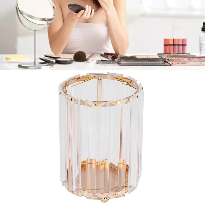CDQL Cosmetic Brush Holder, Transparent Glass, Round Decorative Box, Pen Storage Organizer, Desktop Makeup Brush Container for Vanity (Gold)