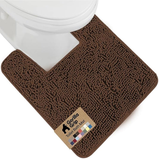 GORILLA GRIP Plush Absorbent Shaggy Chenille Bath Rug Mat for Square Toilet Base with Rubber Backing, Machine Washable Rugs, Soft Microfiber Contour Mats for Toilets, Bathroom Decor, Brown