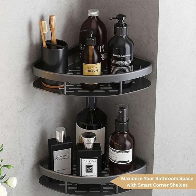 Self Adhesive Aluminum Corner Shelf for Bathroom & Kitchen | Wall Mounted Storage Rack Organizer | No Drilling Bathroom Accessories Holder (Black,Pack of 2)