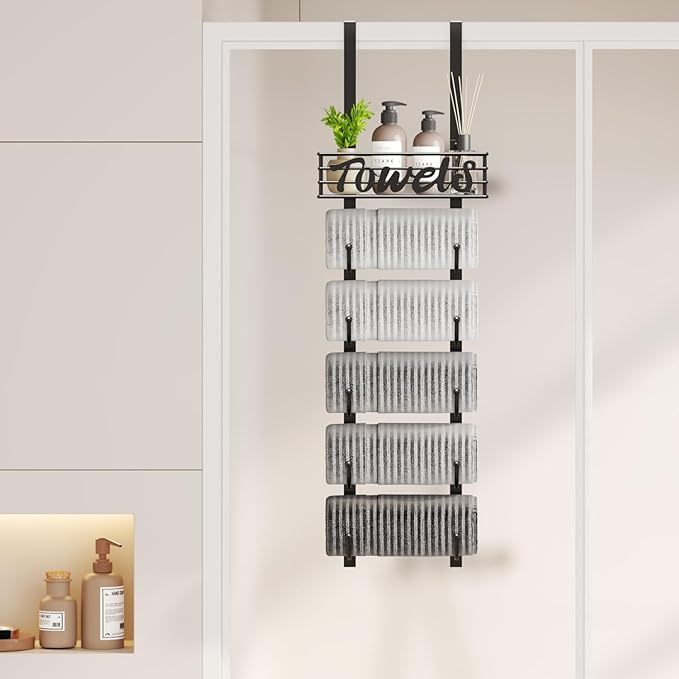 SWTYMIKI Hanging Towel Racks for Bathroom - 6 Tier Over The Door & Wall Mounted Bath Rolled Towel Storage Organizer Holder for Small Bathroom, RV, Camper, Black (Patented)