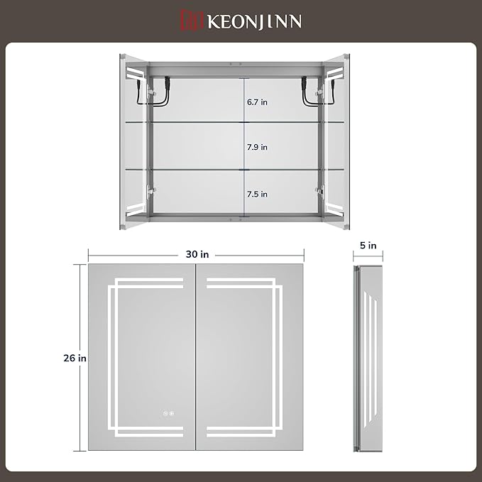Keonjinn 30 x 26 in LED Medicine Cabinet, Bathroom Mirror Medicine Cabinets with Lights, Double Doors, Tempered Glass, UL-Listed, No Outlets, Adjustable Shelves, 3 Color Lights, Wall Mount Only