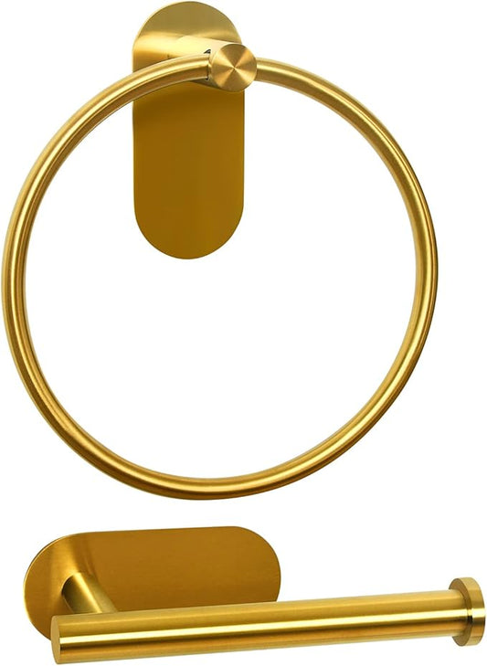 HouseAid Self Adhesive Towel Ring and Toilet Paper Holder Set, Stainless Steel No Drilling Hand Towel Holder Kit for Bathroom, Brushed Gold (2 Pieces)