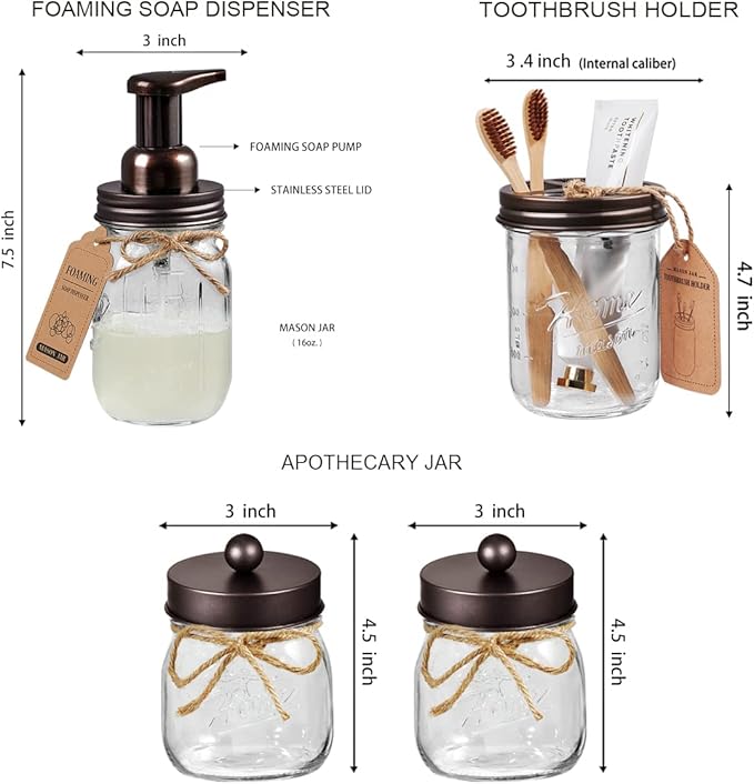 SheeChung 6Pack Mason Jar Bathroom Accessories Set - Foaming Soap Dispenser, Toothbrush Holder, 2Pack Qtip Holders, Bathroom Sink Set, Guest Towel Holder- Bronze