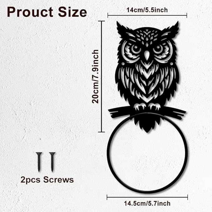 MAYJOYDIY Owl Metal Towel Ring Antique Night Owl Hand Towel Holder Round Animal Birds Towel Hangers Black Bathroom Towel Rack Wall Mounted for Kitchen Bath Home Laundry Room Decors Gifts