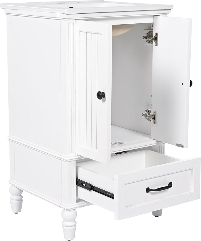 Virubi 20" Small Bathroom Vanity with Sink,Doors and Drawer,Wood Mid-Century Modern Bathroom Sink Cabinets with Adiustable Foot Pads,for Small Space,Freestanding (White)