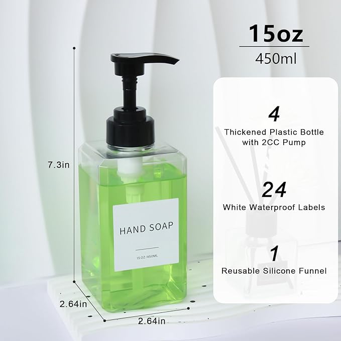 Clear Soap Dispenser with Waterproof Labels, Thickened Plastic Hand Soap Dispenser for Bathroom, Kitchen Dish Washing Liquid Bottles, Shampoo and Conditioner Bottles with Funnel (15oz 4Pack Clear)