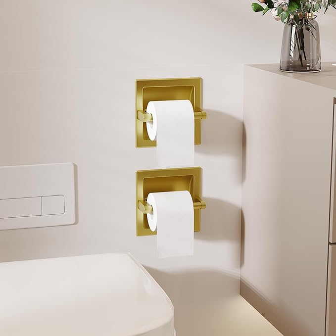 Recessed Toilet Paper Holder 2 Pack Gold， in Wall Toilet Paper Holder Pivoting，Wall Mount Toilet Paper Roll Holder, Bathroom Shallow Gold Stainless Steel Tissue Holder