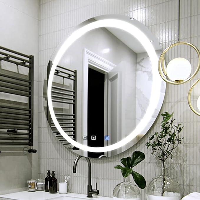 28 Inch Round LED Bathroom Mirror with 3 Color Modes, Touch Dimmer, Anti-Fog - Wall Mount Lighted Vanity Mirror for Makeup, Dressing Room - Fab Glass and Mirror