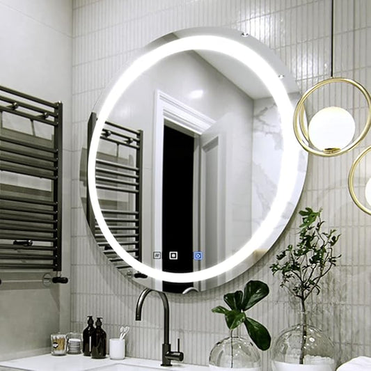 28 Inch Round LED Bathroom Mirror with 3 Color Modes, Touch Dimmer, Anti-Fog - Wall Mount Lighted Vanity Mirror for Makeup, Dressing Room - Fab Glass and Mirror