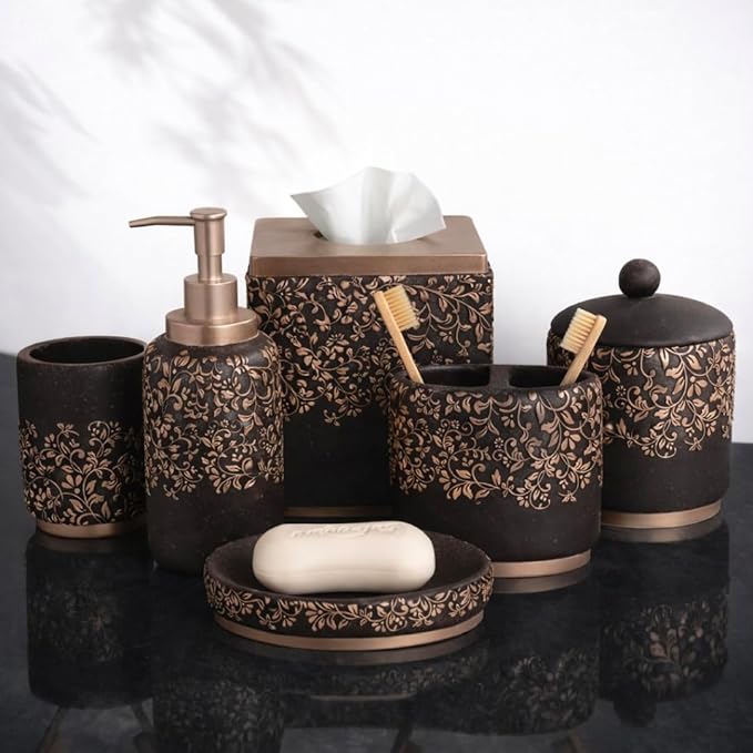 Decozen Bathroom Accessories 6Pcs Set, Soap Dispenser, Toothbrush Holders, Tumbler, Soap Dish & Cotton Swab Jar – Modern Bathroom Decor, Modern Farmhouse Decor, Countertop Accessories, Black