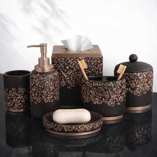 Decozen Bathroom Accessories 6Pcs Set, Soap Dispenser, Toothbrush Holders, Tumbler, Soap Dish & Cotton Swab Jar – Modern Bathroom Decor, Modern Farmhouse Decor, Countertop Accessories, Black