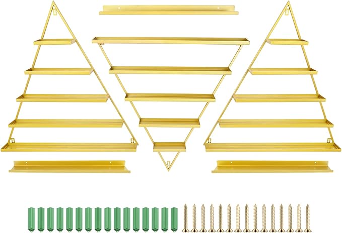 6PCS Triangular Wall-Mounted Nail Polish Racks, Gold 5-Tier Nail Polish Shelves, Heavy-Duty Cosmetic Display Cases with Raised Edges for Nail Salon, Home, Shop Use