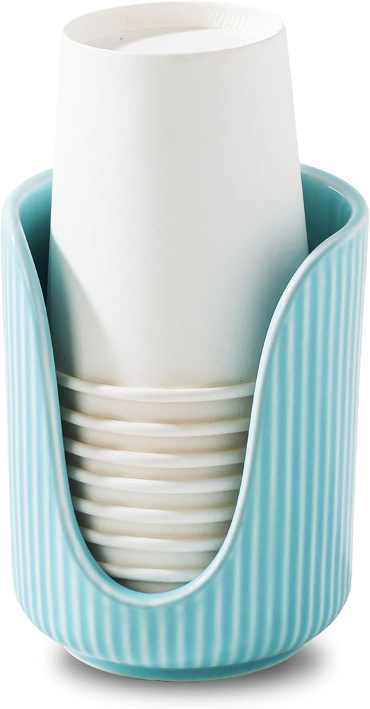 ABRUTY Bathroom Cup Dispenser, 3oz-4oz Ceramic Paper Cup Holder, Small Countertop Mouthwash Dixie Cups Accessories, for Vanity Countertops, Bathroom, Kitchen, and Dining Room, Turquoise