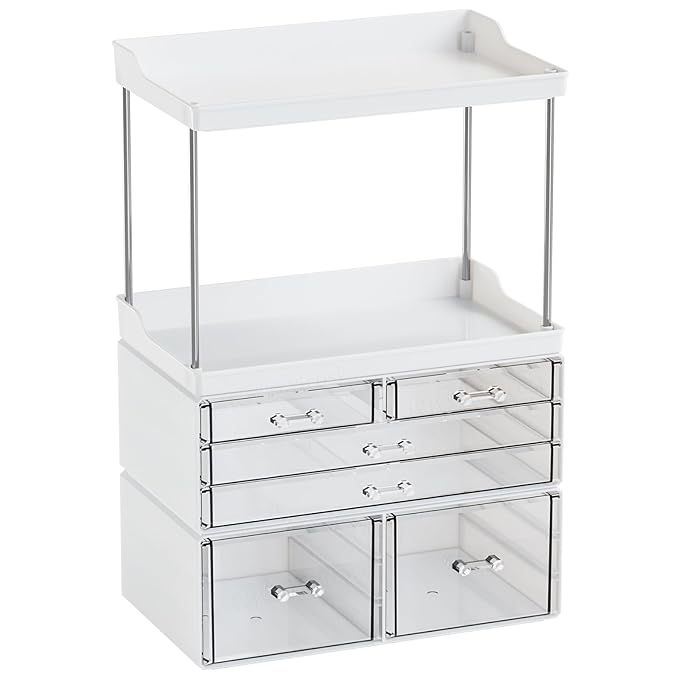 Yieach Bathroom Counter Organizers and Storage,White Acrylic Makeup Organizers with Drawers for Vanity,Bedroom,Plastic Skincare Organizer for Dresser Top Beauty,Cosmetic,Lotion and Perfume Organizer