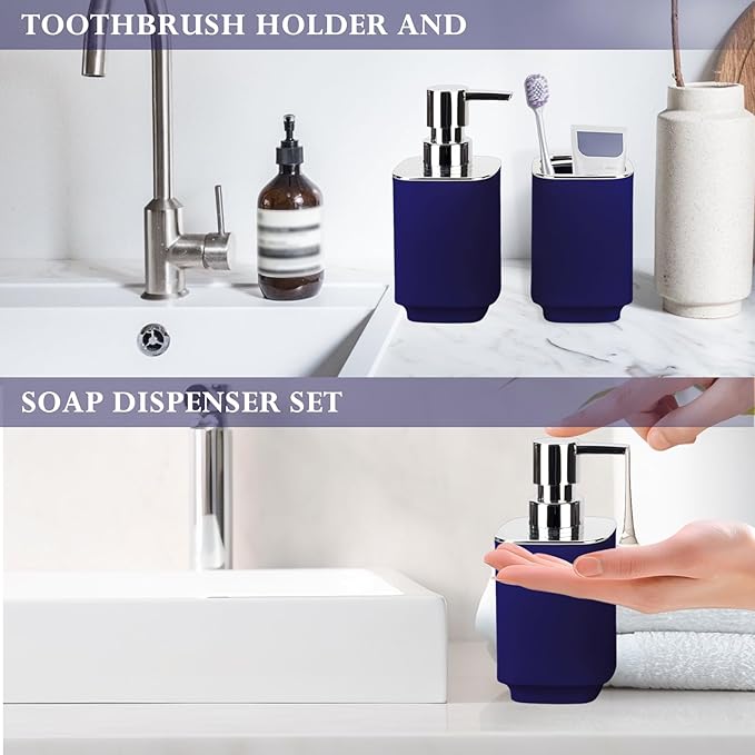 Navy Blue Bathroom Accessories 2 Pieces, Soap Dispenser and Toothbrush Holder Set for Boho Bathroom