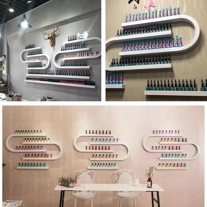 Wall Mounted Nail Polish Organizer - U-Shaped Perfume Storage Shelf, Salon/Beauty/Nail Shop Holder (White)