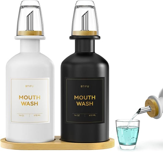 2PCS Glass Mouthwash Dispenser for Bathroom Countertop – 14oz/410ml Refillable Mouthwash Bottle with Glass Cup & Bamboo Tray, Modern Bathroom Decor for Home, Office, Airbnb (White & Black)