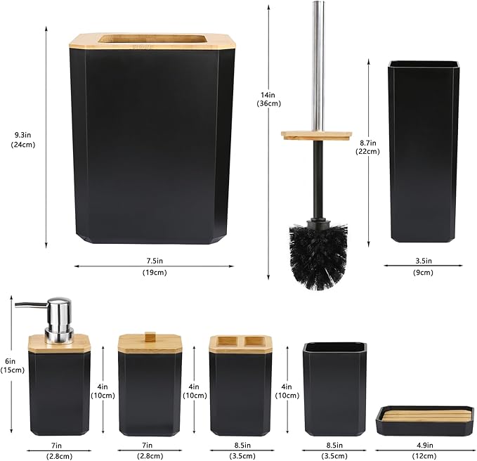 CERBIOR Bathroom Accessories Set 7 Piece Bath Ensemble Includes Soap Dispenser, Toothbrush Holder, Toothbrush Cup, Soap Dish for Decorative Countertop and Housewarming Gift (Black)