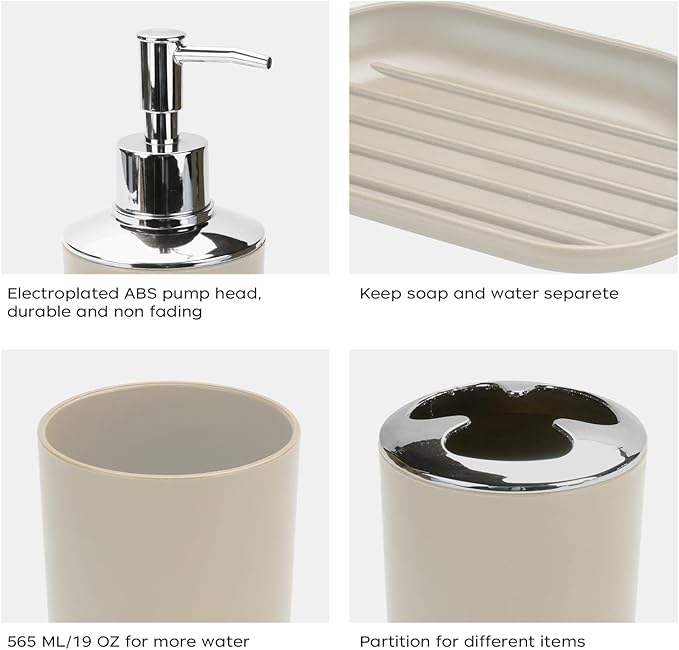 4 Pcs Beige Bathroom Accessories Set,Bohemian Bathroom Toothbrush Holder Set.Include Soap Dispenser, Soap Dish, Toothbrush Holder, Mouthwash Cup, Modern Bahtroom Decor Set