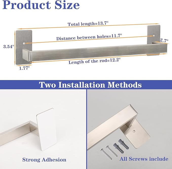 Bathroom Towel Bar Self Adhesive, No Drilling Towel Rack Easy to Install,Hand Towel Holder Made of Premium Stainless Steel Sticky on Hand Towel Hanger for Kitchen, Toilet.(12IN, Brushed)