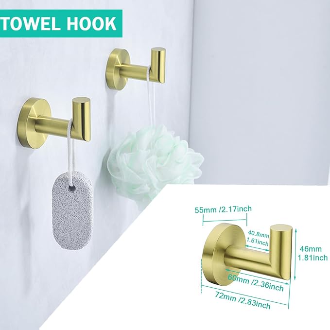 Brushed Gold Bathroom Hardware Accessories Set 4 Pieces Bath Towel Bar Set with 18 Inch Towel Bar,Toilet Paper Holder,Towel Hooks,SUS 304 Stainless Steel Wall Mounted Bathroom Towel Rack Set