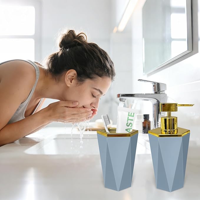 2 PCS Grey Bathroom Accessories Set, Grey Bathroom Accessories Include Soap Dispenser and Toothbrush Holder, Morden Bathroom Décor, Bathroom Sets Accessories