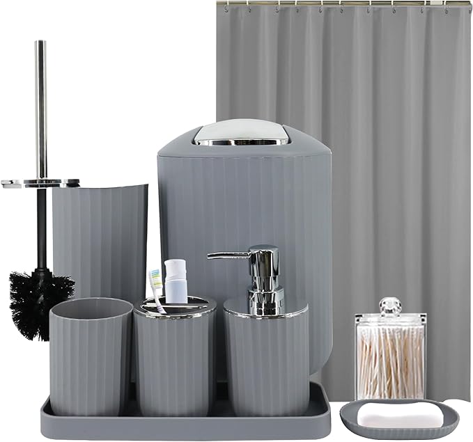 Grey Bathroom Accessories Set with Shower Curtain, Trash Can, Lotion Soap Dispenser, Soap Dish, Toothbrush Holder, Toothbrush Cup, Toilet Brush Holder and Tray for Bathroom Decor