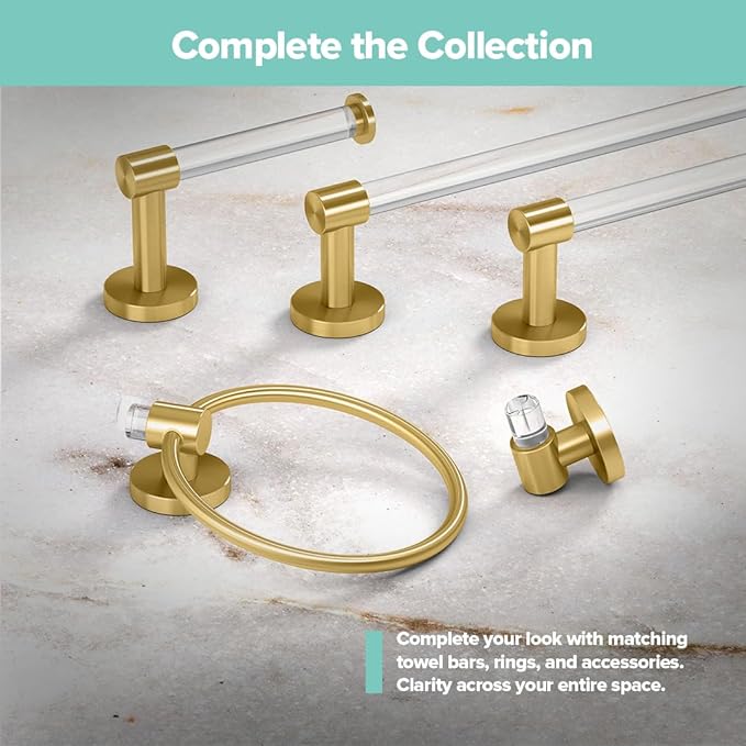 Gatco 5732 Clarion Towel Ring | Wall Mount Bathroom Hand Towel Holder, Modern Bathroom Accessory | Crystal-Clear Acrylic & Brushed Brass Finish