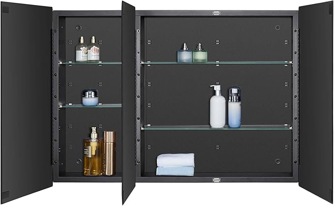 IDYLLOR Black Bathroom Medicine Cabinet with Beveled Edge Mirrored Door 36 x 26 inch, Recessed or Surface Mount, with Adjustable Glass Shelves
