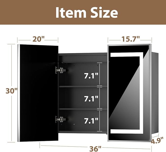 LOVMOR Led Medicine Cabinet with Mirror, Bathroom Vanity Mirror Cabinet with Shelves, 3-Color Lights Dimmer, Silver 30" H x 36" W