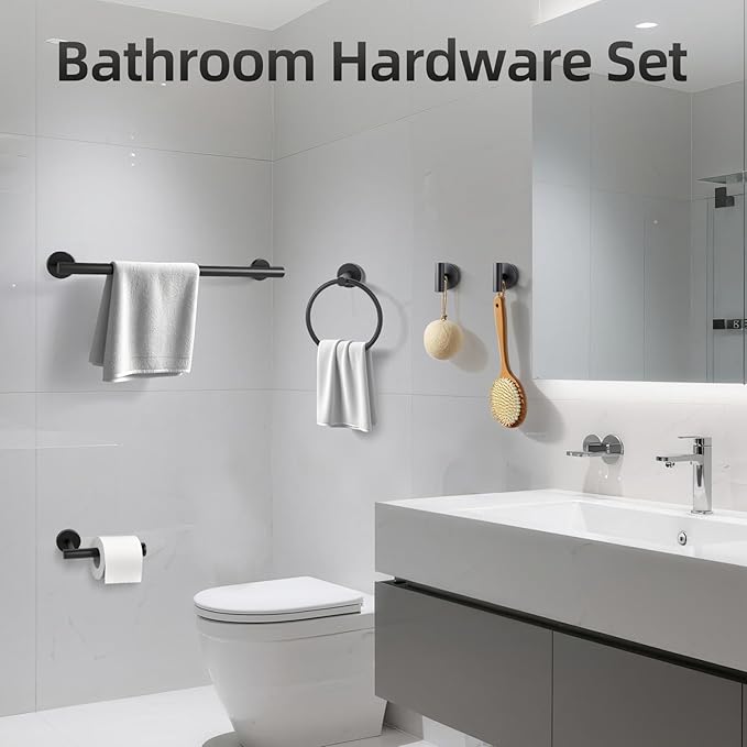 Matte Black Bathroom Hardware Set, Bathroom Towel Holder Bar Set 10 PCS, SUS304 Stainless Steel Towel Rack Set for Bathroom-16 Inch Towel Bar, Toilet Paper Holder, Towel Hooks, Towel Ring