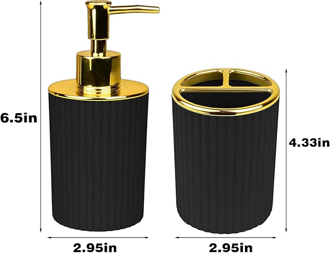 Bathroom Accessories Set, 2-Piece Black & Gold Soap Dispenser & Toothbrush Holder, Modern ABS Vanity Organizer for Countertop, Minimalist Bathroom Decor